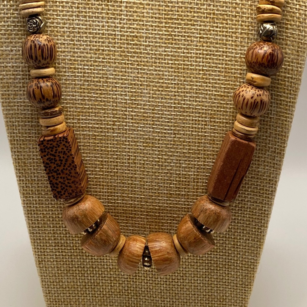 Vintage Necklace Wood Bead Boho Tribal Style Earth Colours Brown Tan 24 Inch